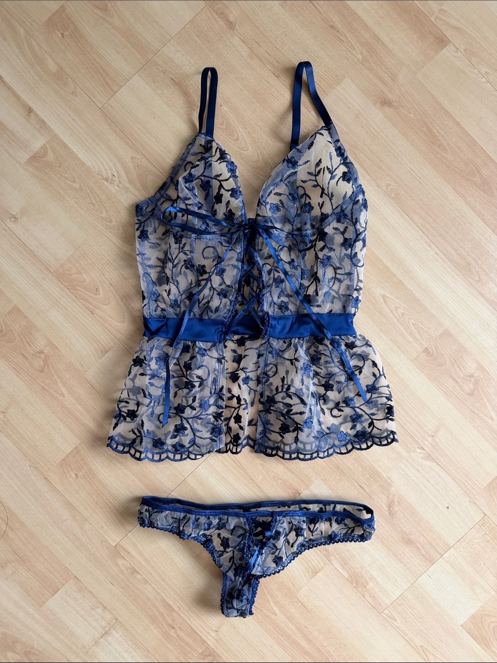 Sheer Lace Navy Floral Ribbon Tie Camisole & Thong Set